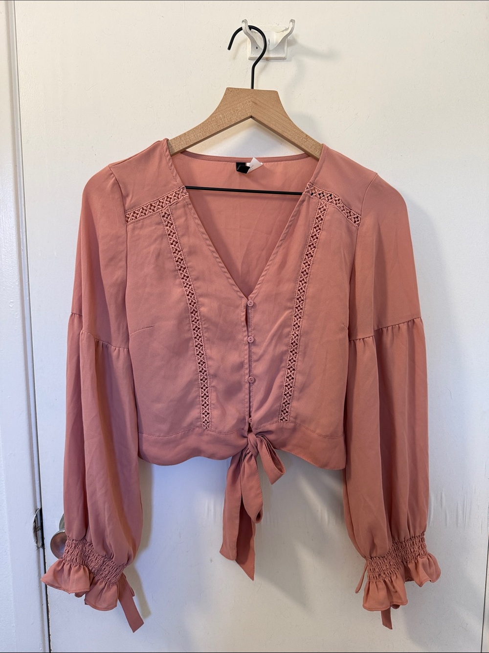 H&M Dusty Rose Tie-Front V-Neck Blouse